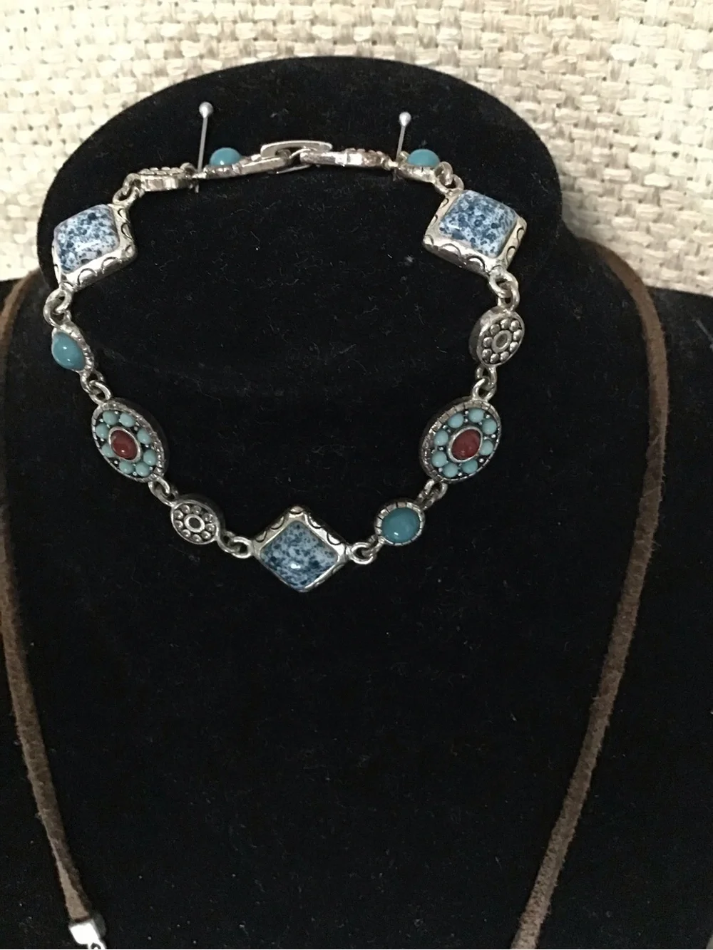 Boho Turquoise & Coral Pendant Necklace with Brown Suede Cord